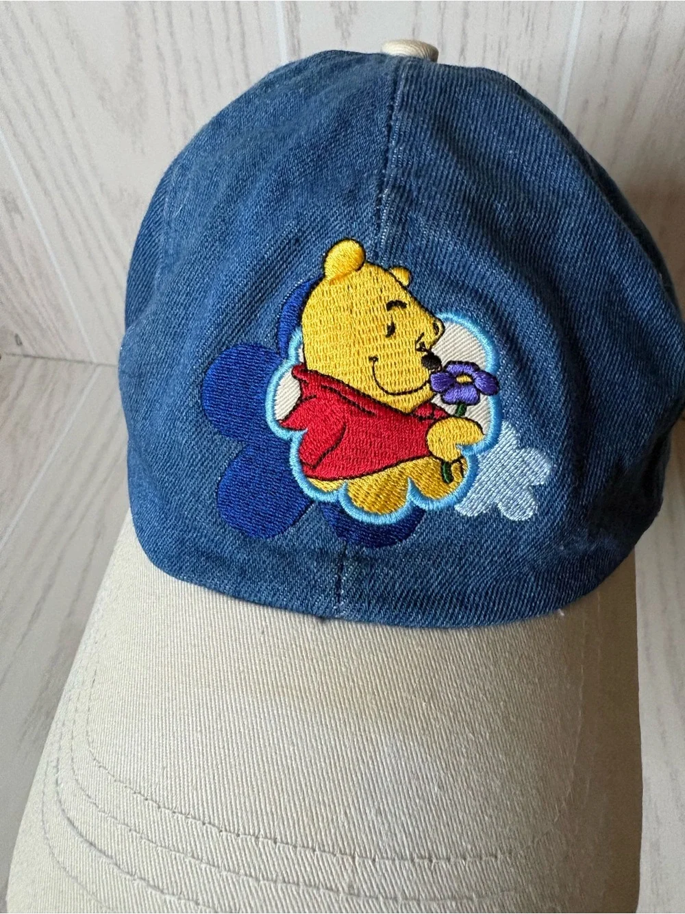 VINTAGE Winnie The Pooh Hat Blue Denim Cap Stretch Back 90s Disney Retro